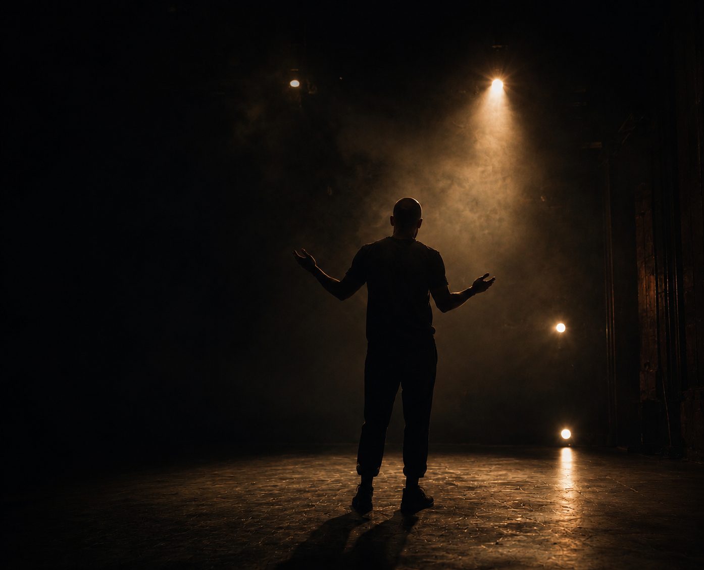 Dramatic rehearsal studio with performer in spotlight - Acting classes Dublin
